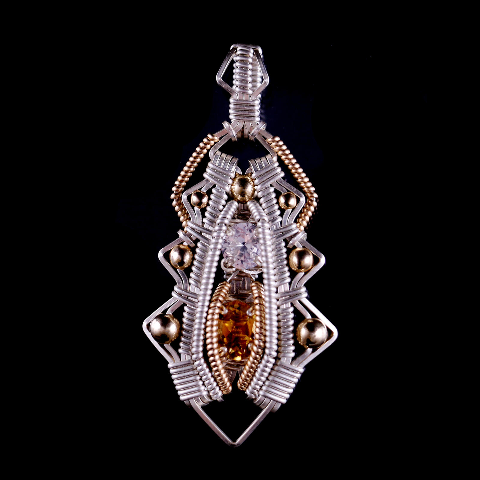 Pendant with faceted Aquamarine and faceted Citrine, Gold and Silver